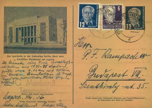 1952, 12 Pfg. Bildganzsache mit Zusatz ab TANGERMÜNDE nach Budapest