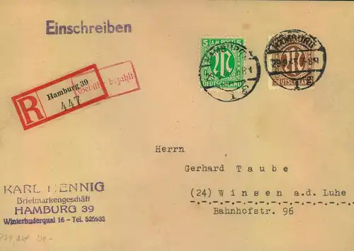 1945, Einschreiben ab "HAMBURG 29.9.45" mit R-Zettel als 30 Pfg. Einschreibgebühr mit AM-Post