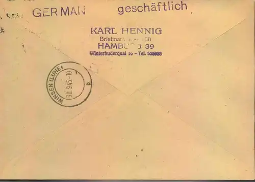 1945, Einschreiben ab "HAMBURG 29.9.45" mit R-Zettel als 30 Pfg. Einschreibgebühr mit AM-Post