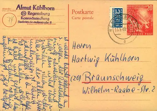 1949, 20 Pfg. 1. Bundestag mit viel  Text in Deutschland bedarfsgebraucht ab REGENSBURG 13.9.49