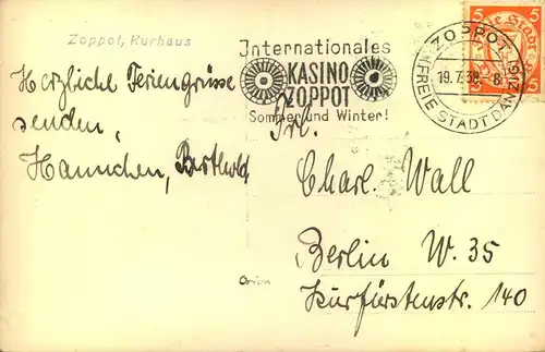 1939, Ansichtskarte mit Werbestempel "ZOPPOT (FREIESTADT DANZIG) - Internationales Kasino"