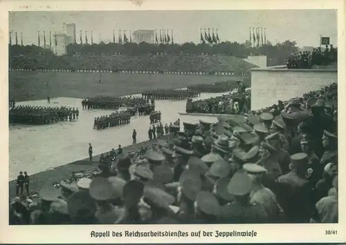 1938, Propagandakarte "Appell des R.A.D. aus der Zeppelinwiese mit Befreiungsstempel ASCH