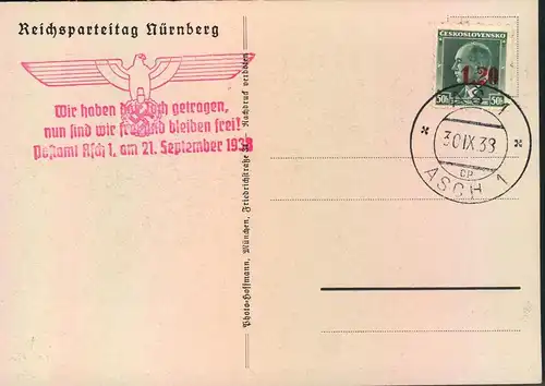 1938, Propagandakarte "Appell des R.A.D. aus der Zeppelinwiese mit Befreiungsstempel ASCH