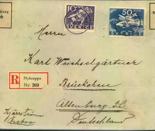 1936,R-Brief ab NYKROPPA mit 50 Öre Bromma und 10 Öre Zusatzmit deutscher Devisenzensur Gera