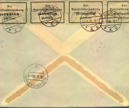 1936,R-Brief ab NYKROPPA mit 50 Öre Bromma und 10 Öre Zusatzmit deutscher Devisenzensur Gera