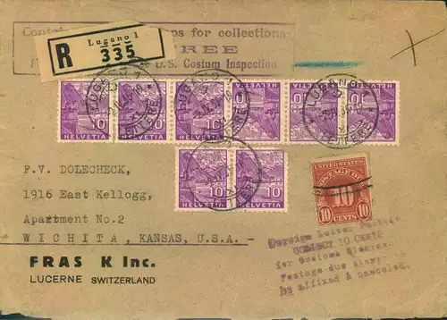 1935,10 Rp Landschaften im 6-er-Streifen mit Kehrdruck und Paar auf nachtaxiertem R-Brief ab LUGANO nach USA.