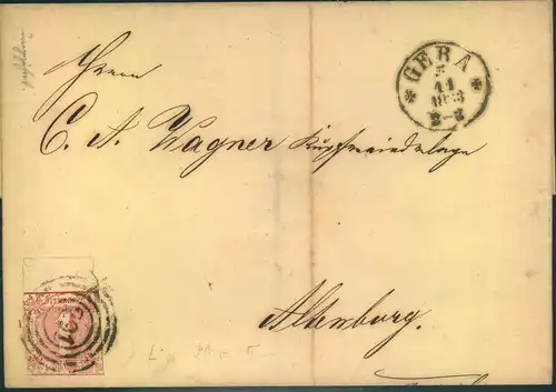 1863, Briefhülle von GERA mit 1 Sgr. mit 9 mm Oberrand.