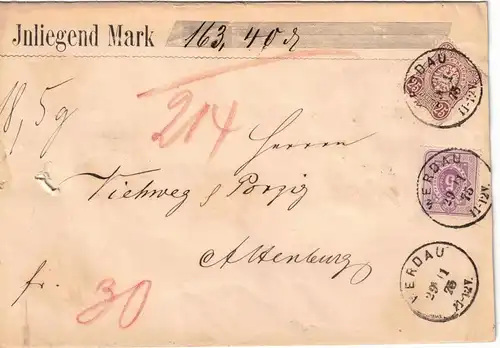 1875, Wertbrief mit 5 und 25 Pfennige ab WERDAU nach Altenburg