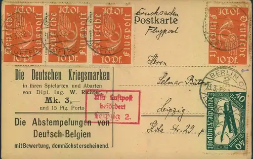 1922, Drucksachenkarte per Luftpost BERLIN-LEIPZIG mit Bestätigungsstempel von Leipzig 2