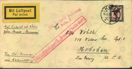 1929,  Brief ab KIEL, von Köln "Mit Luftpost zum Dampfer "Bremen" befödert. Ohen weiteren Vermerk über Katapultflug nac