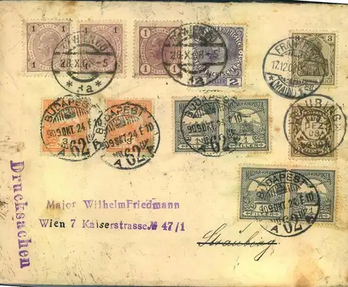 1908/09, interessanter "Reisebrief" Dt. Reich, Bayern, Ungarn, Österreich.