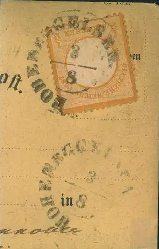 1872, 1/2 Kreuzer kleiner Brustschild orange auf Briefstück mit Hannover Nachverwendung "HOHENEGGELSEN"