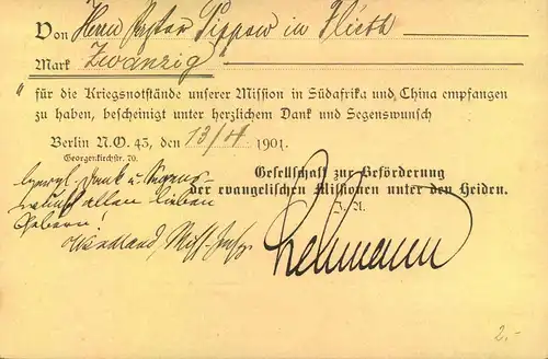 1901, 5 Pfg. GermaniaGSK mit rs. Zudruck "Gesellschaft zur Beförderung der evangelischen Missionen unter den Heiden"