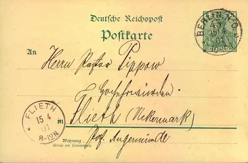 1901, 5 Pfg. GermaniaGSK mit rs. Zudruck "Gesellschaft zur Beförderung der evangelischen Missionen unter den Heiden"