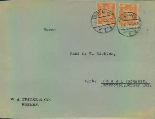 1928, Auslandsbrief 6. Gewichtsstufe (-120 g) mit 2-mal 50 Pfg. Wappen ab BREMEN nach Basel