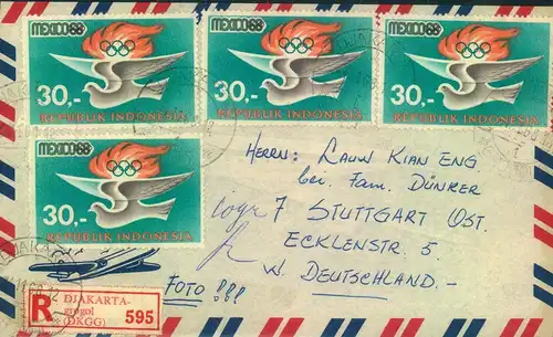 1968, nice multiple franking on airmail from Djakarta - Mexico 1968 Olympics