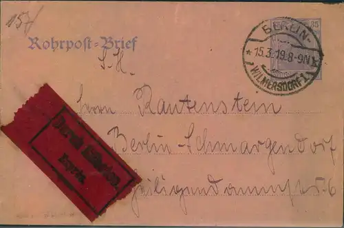 1919, 35 Pfg. Rohrpostumschlag als Orts-Eilboten ab BERLIN-WILMERSDORF