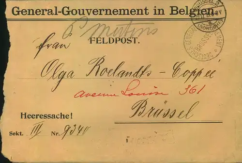 1915, Heeressache "General-Gouvernement in Belgien als Feldpost ab BRÜSSEL