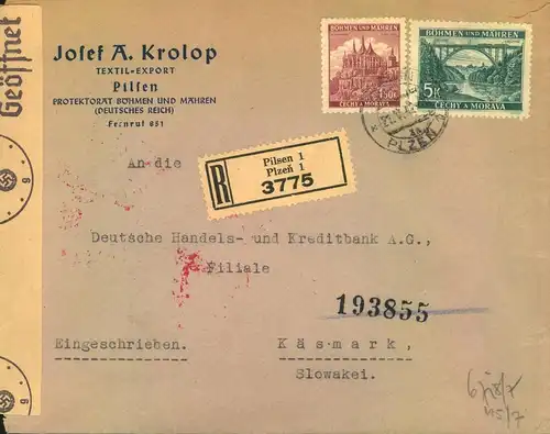 1942, Einschreiben ab "PILSEN 1" mit Sondertarif (35 Rpf+30 Rpf Einschreiben) in die Slowakei