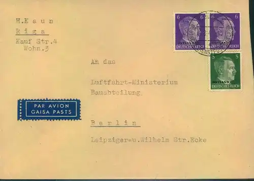 1942, OSTLAND, Luftpostbrief aus RIGA an das Luftfahrtministerium in Berlin. Seltene 17 Pfg. Frankatur
