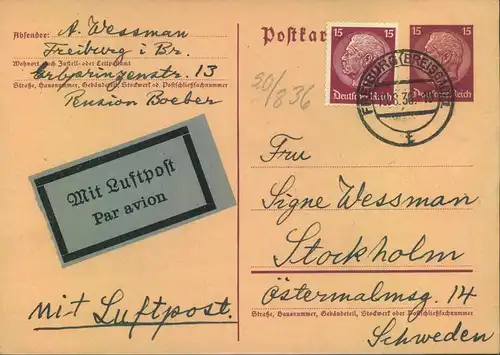 1936, 15 Pfg. GSk mit bildgleicher 15 Pfg. Hindenburg als seltene  Luftpostkarte ab FREIBURG