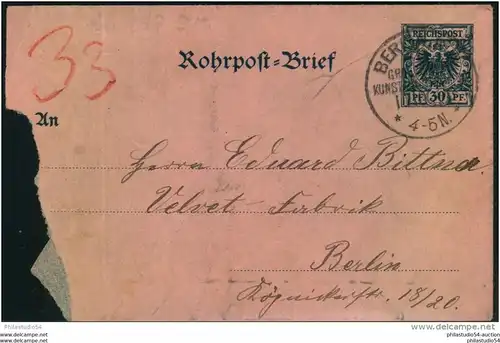 1898: BERLIN N.W. 40 INTERNAT. KUNSTAUSSTELLUNG, extrem seltener Bedarf auf Rohrpost