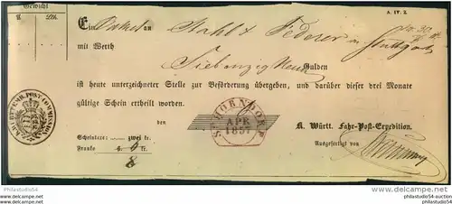 1857: SCHORNDORF, roter (!) Steigbügelstempel auf Fahrpost-Schein - In rot ist dieser Stempel nicht registriert.