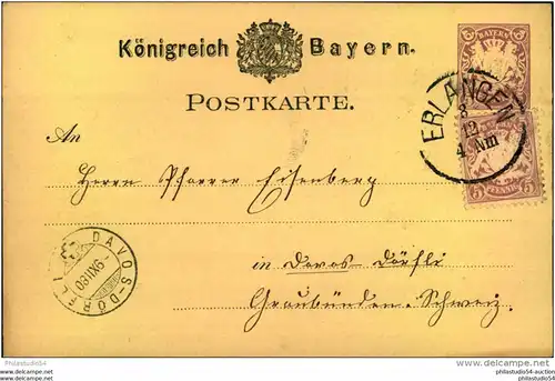 1880, seltene wert- und bildgleiche Frankatur mit 5 Pfg. Wappen auf 5 Pfg. Wappen-GSK ab ERLANGEN nach Dacos-Dörfli. Bes