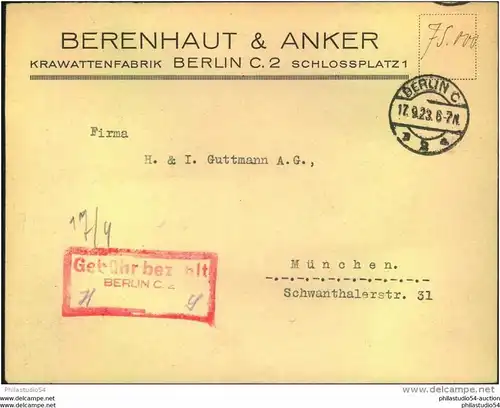 1923, Dienstbrief mit seltenem "Gebühr bezahlt" 17.9.23, BERLIN C 2