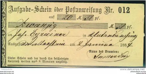 1884, Aufgabeschein für eine Postanweisung WALLENSTEIN