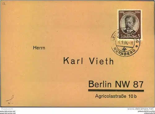 1934, Drucksache mit 3 Pfg. Kolonialforscher, Sonderstempel REICHSPARTEITAG NÜRNBERG 6.9.34