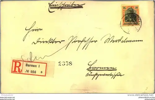 1910 (?), Ortseinschreiben mit EF 25 Pfg. Germania in BARMEN