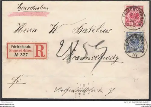 1898, Einschreiben mit 10 und 20 Pfg. Krone/Adler ab FRIEDRICHSHAIN