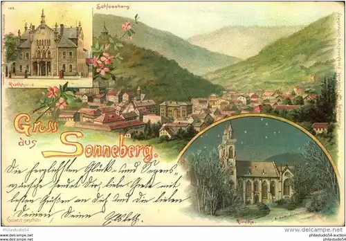 SONNEBERG, Gruss aus ..., Rathaus, Kirche, Schlossberg, Alleinverlag Carl Albrecht, gelaufen 1902