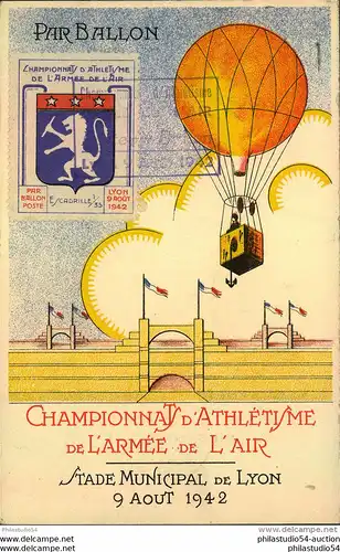 Ballon, 1942, Sonderkarte CHAMPIONAT D&acute;ATHLETISME DE L&acute;ARMEE DE L&acute;AIR mit Vignette und Sonderstempel.