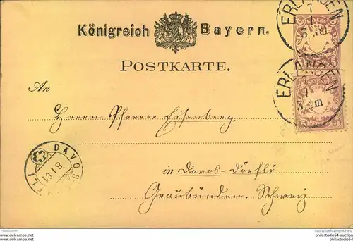 1881: 5 Pfg. Wappen lila mit Wz 2 als bildgleiche Mischfrankatur auf 5 Pfg. Ganzsachenkarte ab ERLANGEN in die Schweiz.