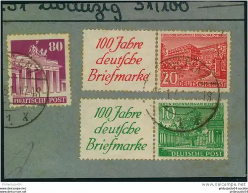 1949, 2 Bautenzusammendrucke mit Reklame auf Briefstück. Michel 185,-