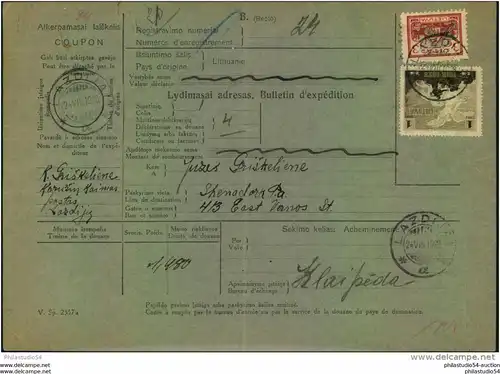 1928, parcel card from LAZDIJA via Klaipeda to USA with high franking. No arrival marks.