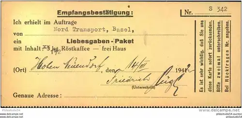 1942; HOHEN NEUENDORF (b. BERLIN); BRANDENBURG  Liebesgaben-Paket Empfangsbestätigung,