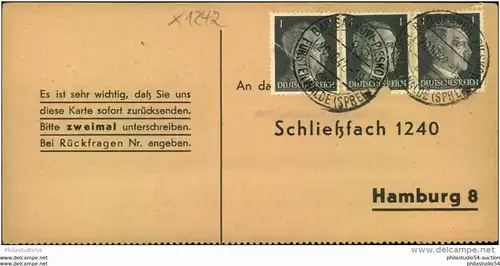 1942; BAD SAAROW - FÜRSTENWALDE (SPREE); BRANDENBURG  Liebesgaben-Paket Empfangsbestätigung,