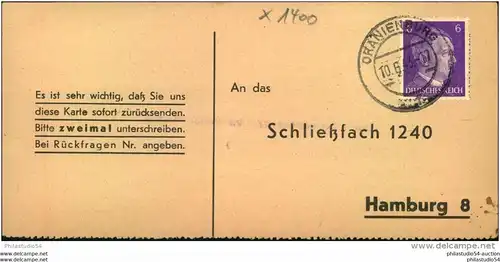 1943, ORANIENBURG; BRANDENBURG;  Liebesgaben-Paket Empfangsbestätigung,
