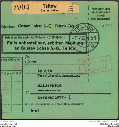 1942, BRANDENBURG, TELTOW, Selbstbucher Postgutkarte