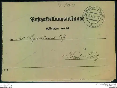 1939, BRANDENBURG, FRANKFURT (ODER),Postzustellungsurkunde