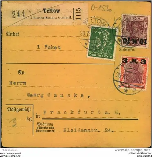 1922, BRANDENBURG,TELTOW, Slebstbucher Paketkarte