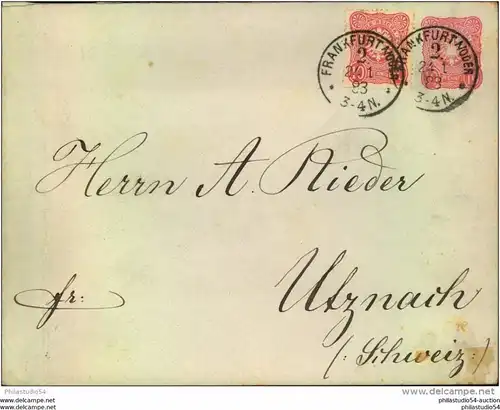 1883, FRANKFURT A/ODER 2., 10 Pfg. Ganzsachenumschlag (B-Format) mit Zusatzfrankatur in die Schweiz