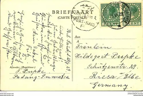 1939, Postkarte ""S.S. PATRIA"" mit Schiffspoststempel POSTAGENT ROTTERDAM-BATAVIA, geschrieben in PORT SAID