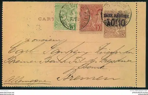 1908, 15 Cent. Kartenbrief mit Aufdruck ""TAXE REDUITE �? O f 10"" mit Zusatzfrankatur nach Deutschland.