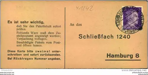 1943, Liebesgabenpaket-Empfangsbestätigung BAD SAAROW PIESKOW über FÜRSTENWALDE (SPREE)