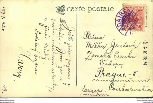 1920, picture postcard sent with 4 Sen and DAIREN I.J.P.O. postmark to Prague.