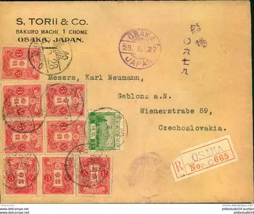 1927, registered letter frankked with 8 examples of 3 S. Tazawa and 2 S. Fuijisan sent from OSAKA to Gablonz, Czechoslow